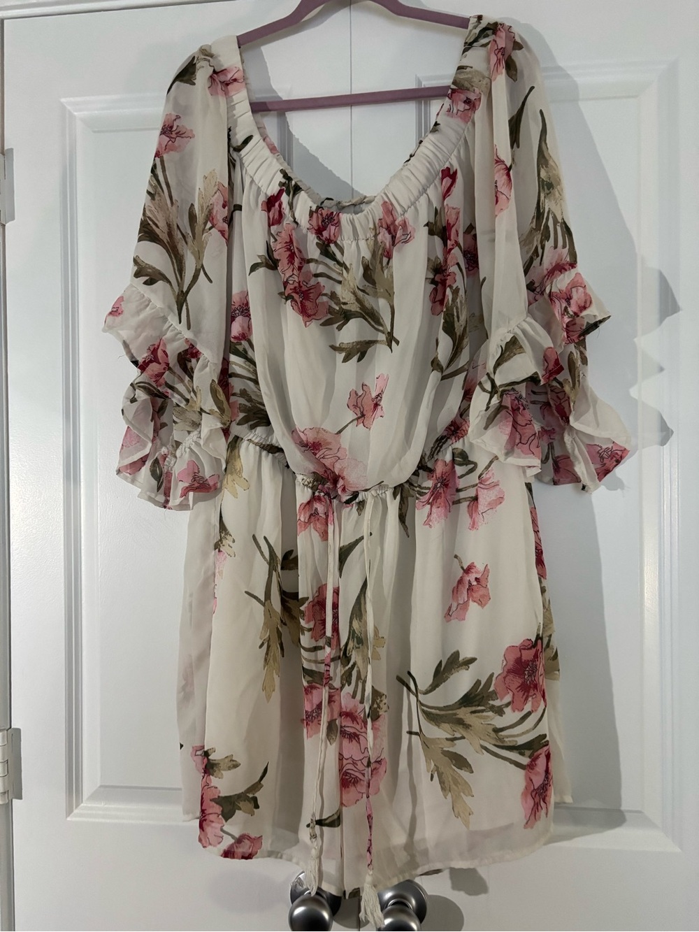 indulge Cream Floral Off-Shoulder Romper with Pink Blooms